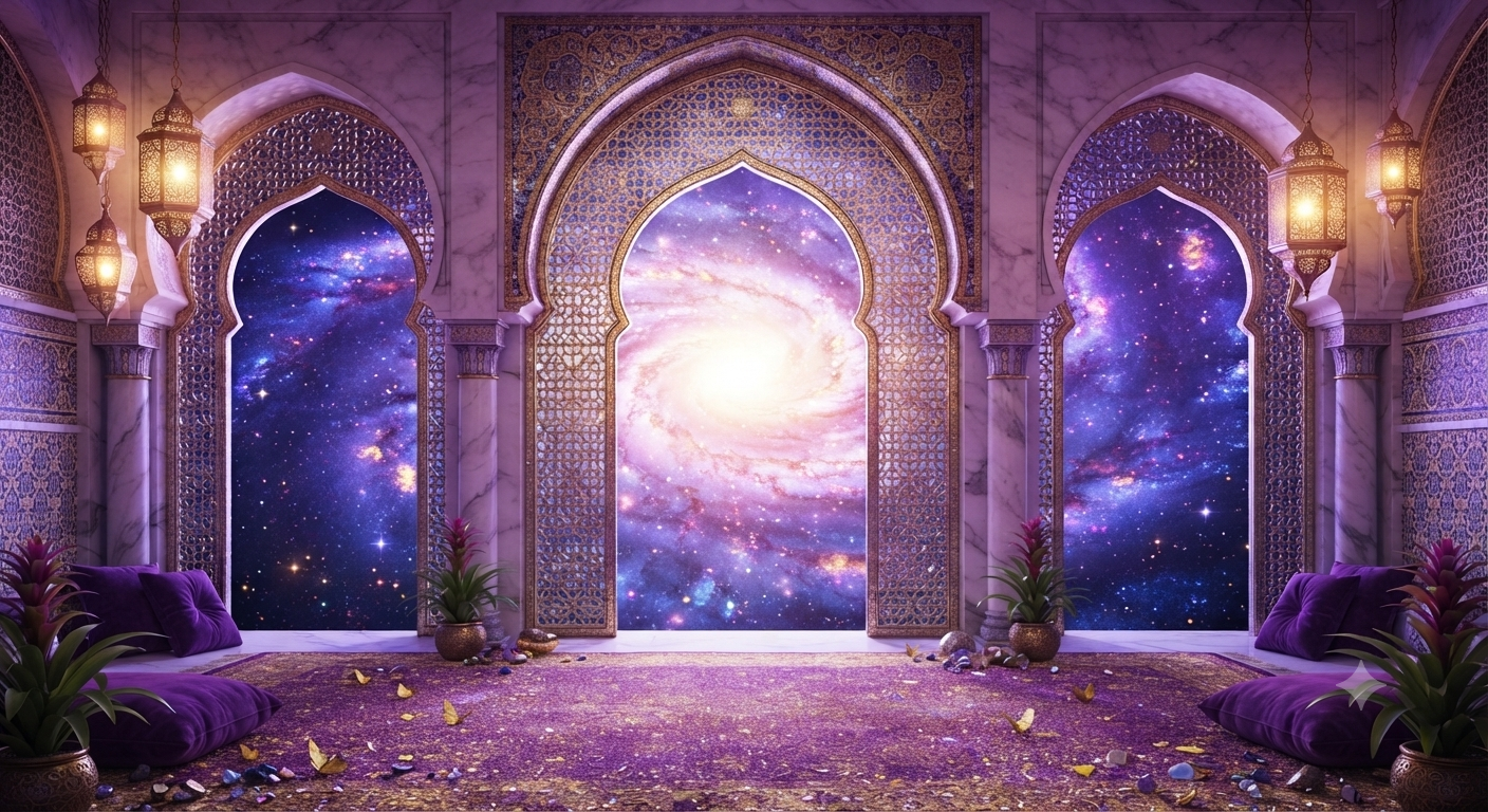 Ornate purple room with arched windows revealing a swirling galaxy and cosmic nebulae. Features gold patterns, lanterns, velvet cushions.
